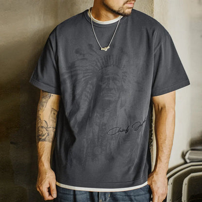 Vintage Navajo Print Short Sleeve T-Shirt Men's Summer Heavyweight Cotton Tee Letter Embroidered Loose Fit Crew Neck Tops