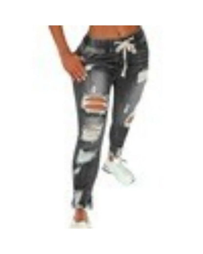 Women's S-5XL Size Tight Waist Jeans Women's Mid Waist Lace up Slim Fit Elastic Feet Pants Perforated Denim Pants
