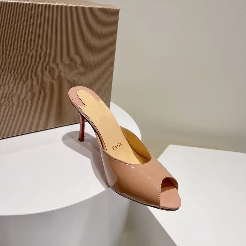 New patent leather nude high heels stiletto round head open-toed fish mouth shoes sexy outer slippers women's muller shoes
