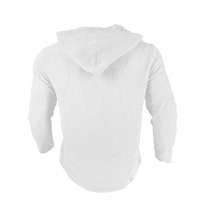 Men's Solid Color Casual Shirt, Hooded Drawstring Cotton and Linen Cardigan, Trendy and Versatile Loose Beach T-Shirt