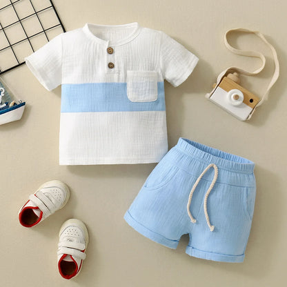 Infant Boys round Neck Color Block Short Sleeve Shorts Set Baby Boy Outfit Toddler Clothing Ensemble