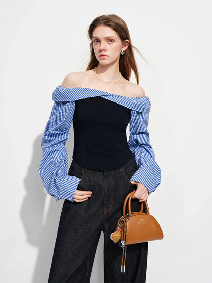 2026 Spring Women's Off-Shoulder Blue Gingham Blouse - Elegant Ruffled Lapel Long Sleeve Top for Office Commute