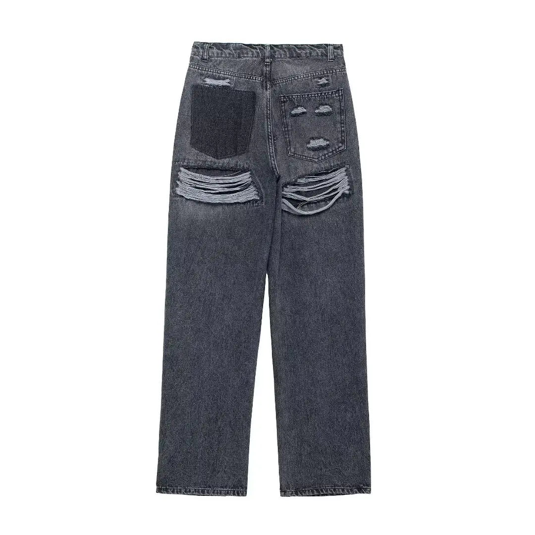 2024 Women's Street Fashion Denim Blue Jeans Distressed Patchwork High Waist Zipper Fly Ripped Retro Long Pants