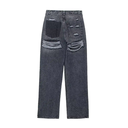 2024 Women's Street Fashion Denim Blue Jeans Distressed Patchwork High Waist Zipper Fly Ripped Retro Long Pants