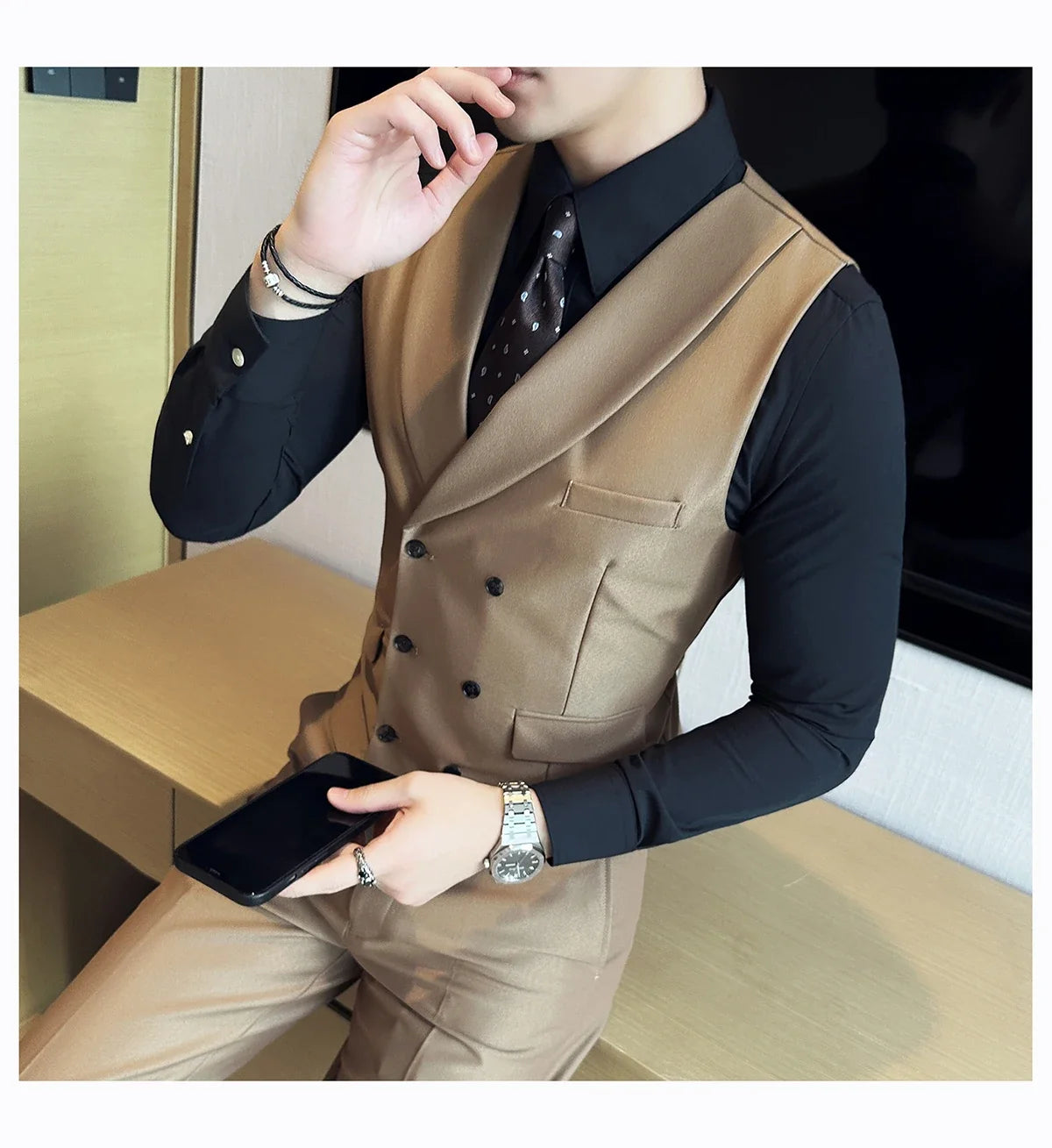 Men Luxury Double Breasted Design Solid Vest Formal Groom Wedding Dress Suit Vest Set Fashion Mens Club Singer Clothing 6XL-M