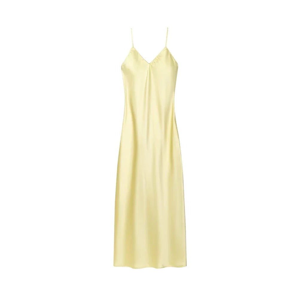 Women's Satin Midi Dress, V Neck, Thin Straps, Backless, Female Dresses, Sexy Fashion