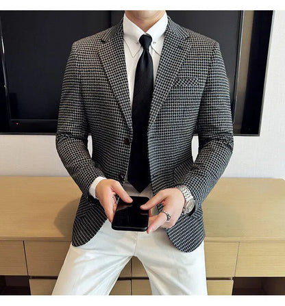 Men's Elegant Grid Suit Jacket 2026 Spring New Fashion Slim Blazer Jackets Social Prom Dress Jacket Men's High Quality Clothing