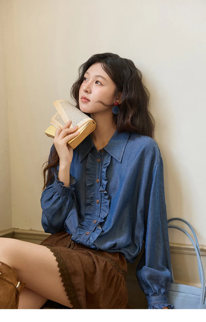 Blue Lyocell Imitation Denim Shirt for Women Autumn 2025 Ruffled Placket Contrasting Button Waist Cinc Shirt MXE43C2386