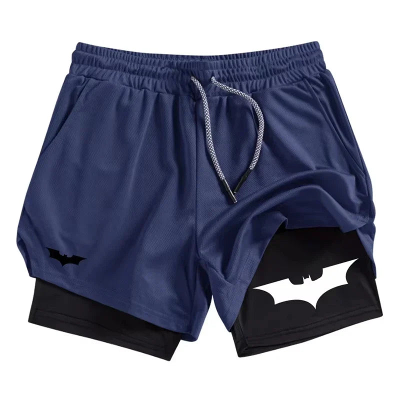 Bat Print 2 in 1 Performance Shorts for Men Athletic Breathable Quick Dry Shorts with Phone Pocket Gym Workout Running