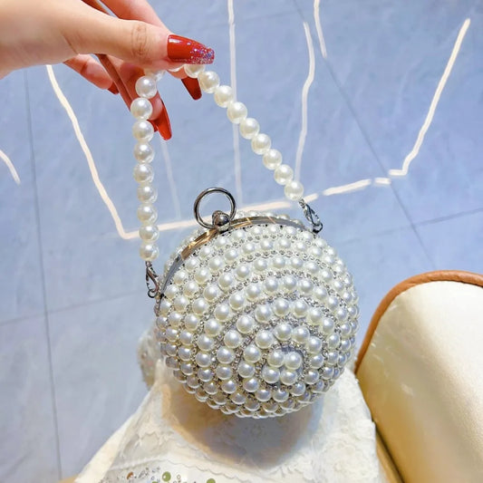 Round Pearl Clutch Purse Handbag Luxury Elegant Evening Bag Ring Handle For Women Bride Bridesmaid Wedding Party Handbag Purses