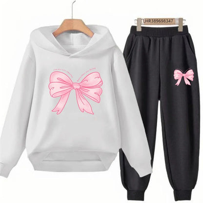 Fashion Kids Clothes Bow Print Children Hoodie 3-12 Years Boys Girls Red Pink Casual Tops+Pants Sets Long Sleeves Autumn