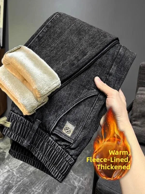 Warm Fleece Lined Elastic Waist Casual Straight Leg Men's Jeans Premium Quality Autumn Winter Thickened Stretch Denim Pants