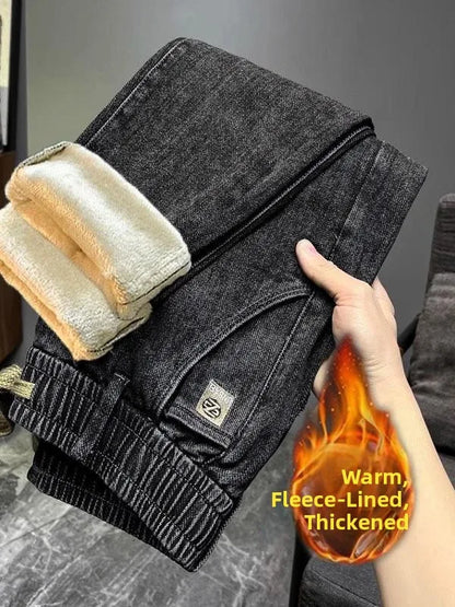 Warm Fleece Lined Elastic Waist Casual Straight Leg Men's Jeans Premium Quality Autumn Winter Thickened Stretch Denim Pants