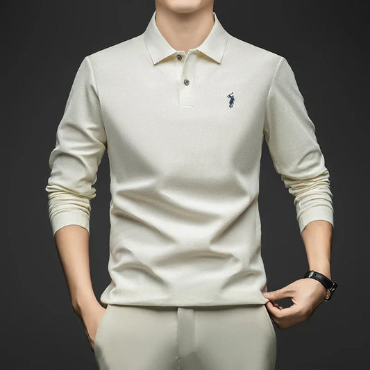 100% Pure Cotton Men's Long Sleeved Polo Shirt, Collar T-shirt, Spring and Autumn Top, No Ironing, Wrinkle Resistant Embroidery