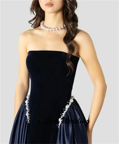 2026 Luxury Boat Collar Pleated Velour Evening Dress Backless Floor Length Beaded Pearls Saudi Party Gown for Women Customized