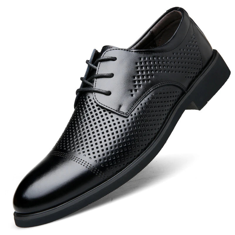 Mens Black Genuine Leather Perforated Cap Toe Lace Up Formal Business Oxford Shoes Breathable Summer Office Casual Dress Shoes