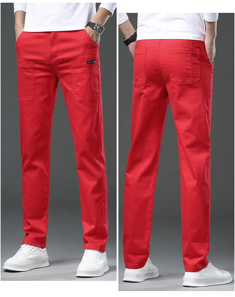 Spring and Autumn Men's Multi-Pocket Design Jeans Fashionable and Versatile White Khaki Red Comfortable Stretch Denim Pants