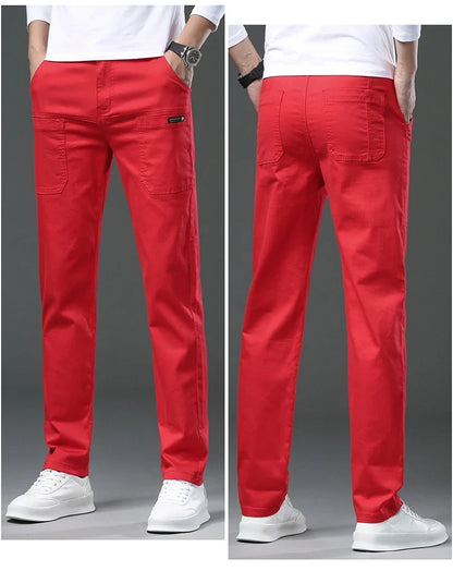 Spring and Autumn Men's Multi-Pocket Design Jeans Fashionable and Versatile White Khaki Red Comfortable Stretch Denim Pants