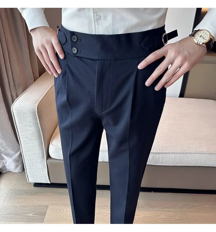 Autumn Winter High Waist Business Dress Pants Men Casual Belt Design Slim Suit Pants Formal Wedding Social Party Male Trousers