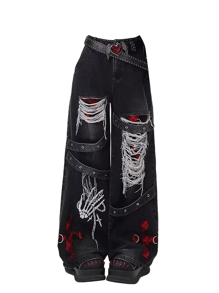 Women's Black Gothic Baggy Jeans Y2K Japanese Harajuku High Street High Waist Fashion Loose Wide Leg Retro Jeans Clothing 2025
