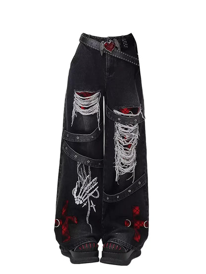 Women's Black Gothic Baggy Jeans Y2K Japanese Harajuku High Street High Waist Fashion Loose Wide Leg Retro Jeans Clothing 2025