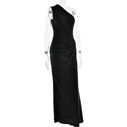 Patchwork Satin Sexy Dress Women One Shoulder Brown Sleeveless Evening Maxi Dress 2025 New Summer Elegant Party Clubwear Dresses