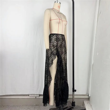 Shestyle تنانير طويلة شفافة من الدانتيل للنساء بكسرات زهرية غير متماثلة صيف 2025 ملابس جديدة أنيقة لقضاء العطلات بشق أنيق