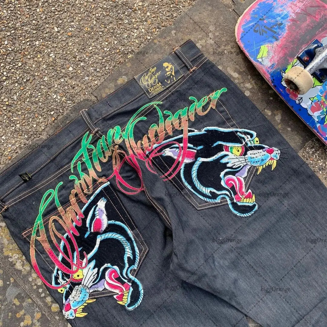 Mens Jeans Streetwear Y2K Vintage Straight Leg Denim Pants Skull Rose Flame Print Design Loose Fit Retro Punk Hip Hop Fashion