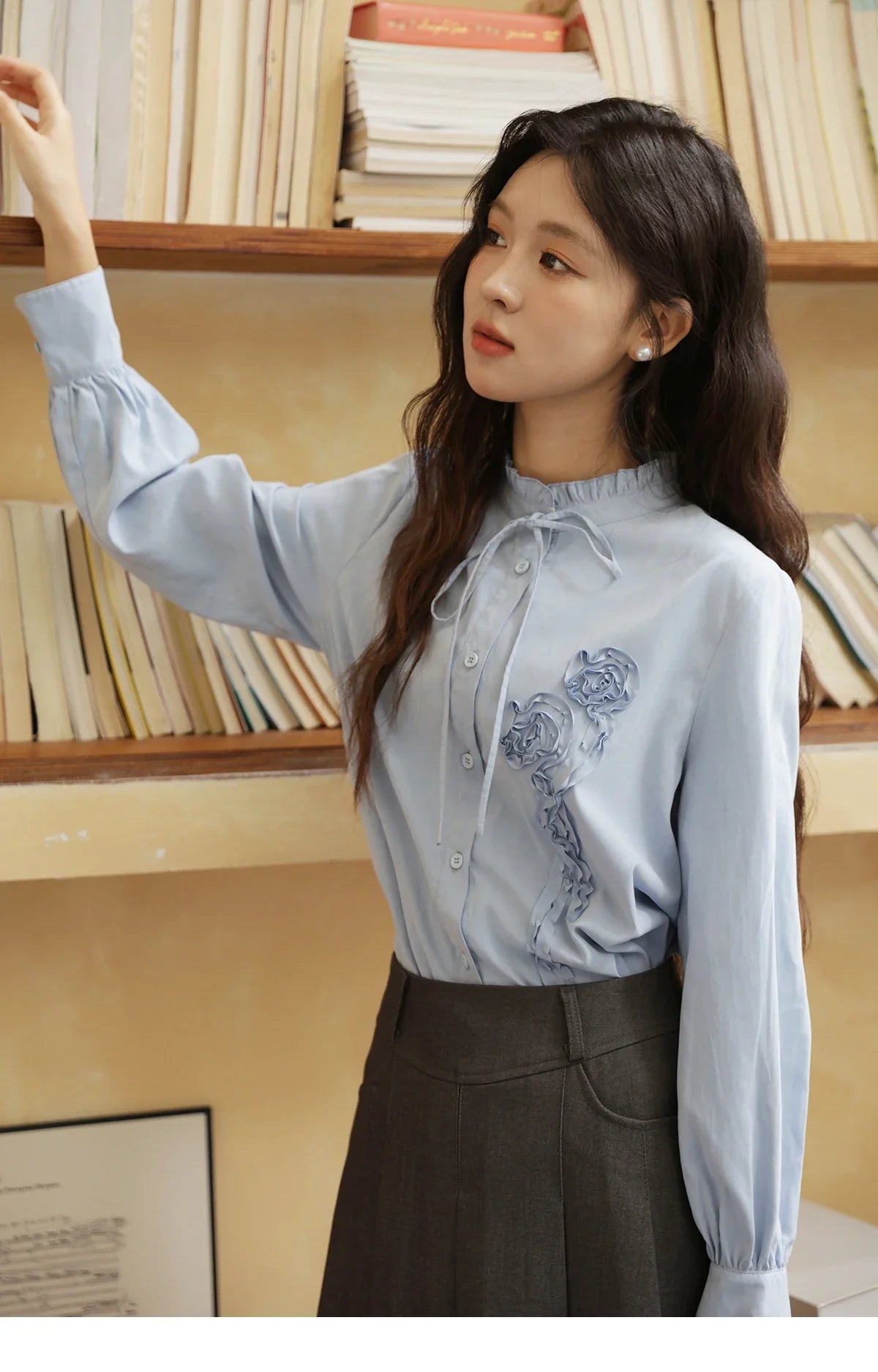 Coiled Flowers Embroidered Blue Shirt for Women Spring 2026 Stand Neck Lace-up Brushed Shirts Office Lady MXE44C2398