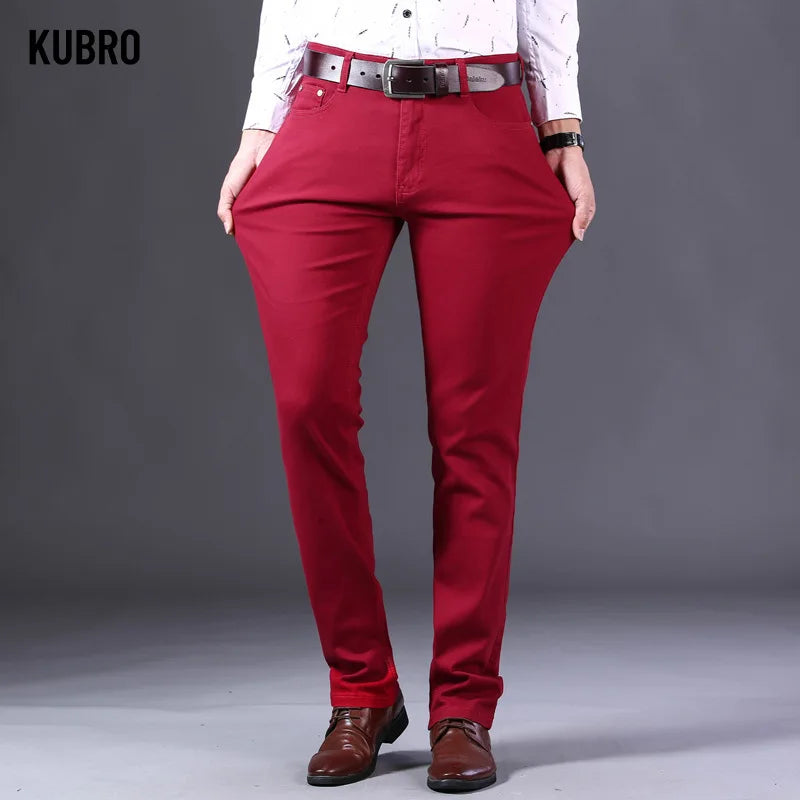 Brand Classic Style Men's Wine Red Jeans Fashion Business Casual Straight Denim Stretch Trousers Male Denim Pants Korean reviews