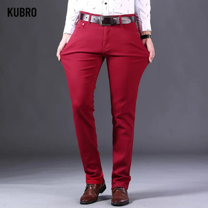 Brand Classic Style Men's Wine Red Jeans Fashion Business Casual Straight Denim Stretch Trousers Male Denim Pants Korean reviews
