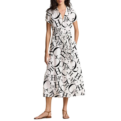 Women's Midi Dress 2024 New Fashion Summer Lapel Print Shirt Dresses for Women Elegant Chic Ladies Dress