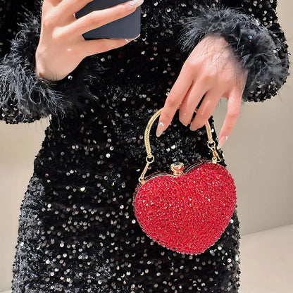 Designer Luxury Diamond Heart-shaped Bag Red Rhinestone Evening Clutch Purse Female Wedding Handbag Woman Chain Shoulder Bags