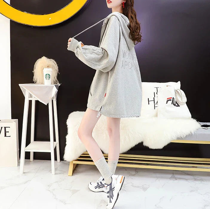with Zipper Hooded Sweatshirt for Women Full Zip Up Embroidered Woman Tops Spring and Autumn Green Hoodies Long Dropshiping Coat