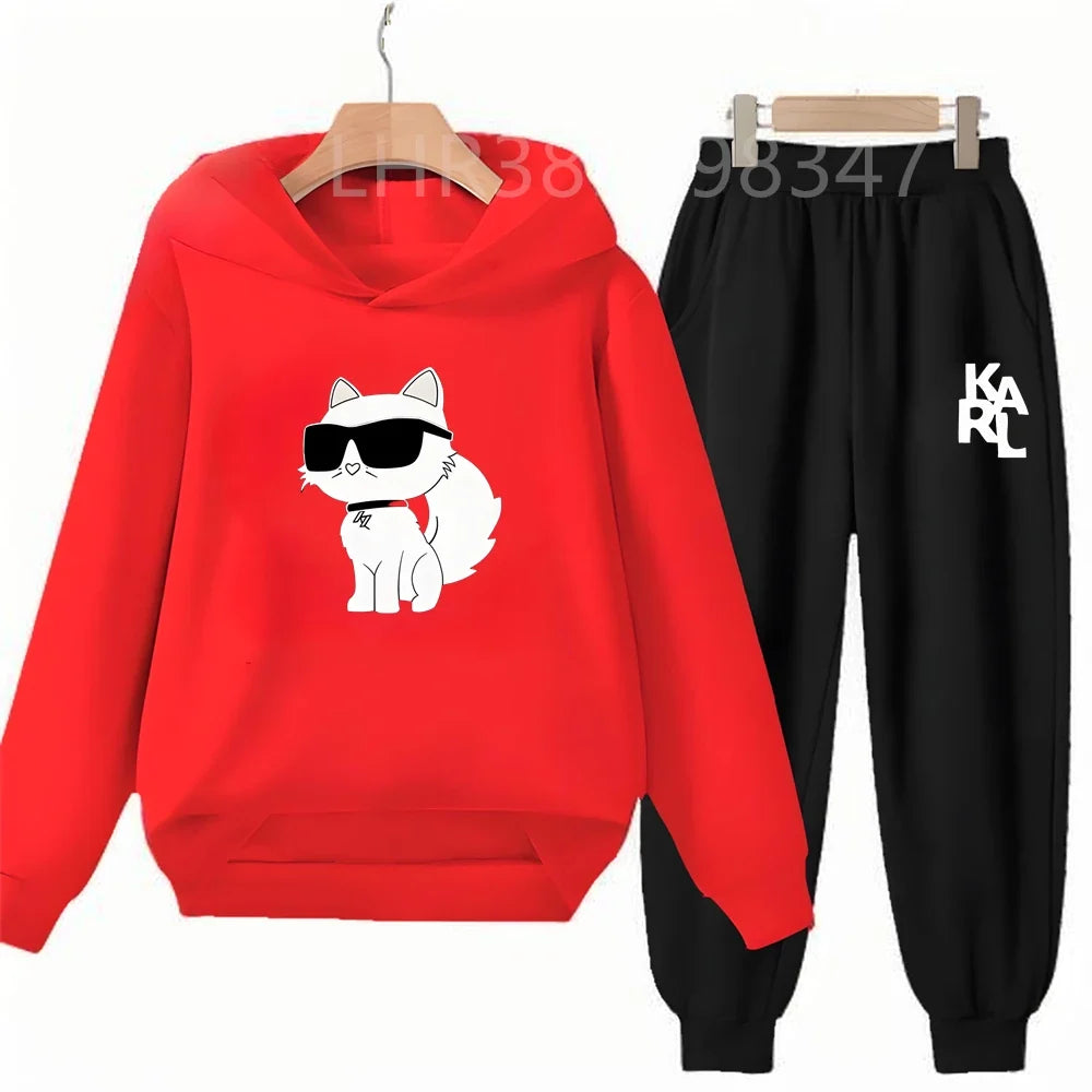 White Cat Black Cat Children's Hoodies Top+Bottom Suit Girls Pink Boy Black Age 3-12 Coat Casual Toddler Long Sleeves Clothing
