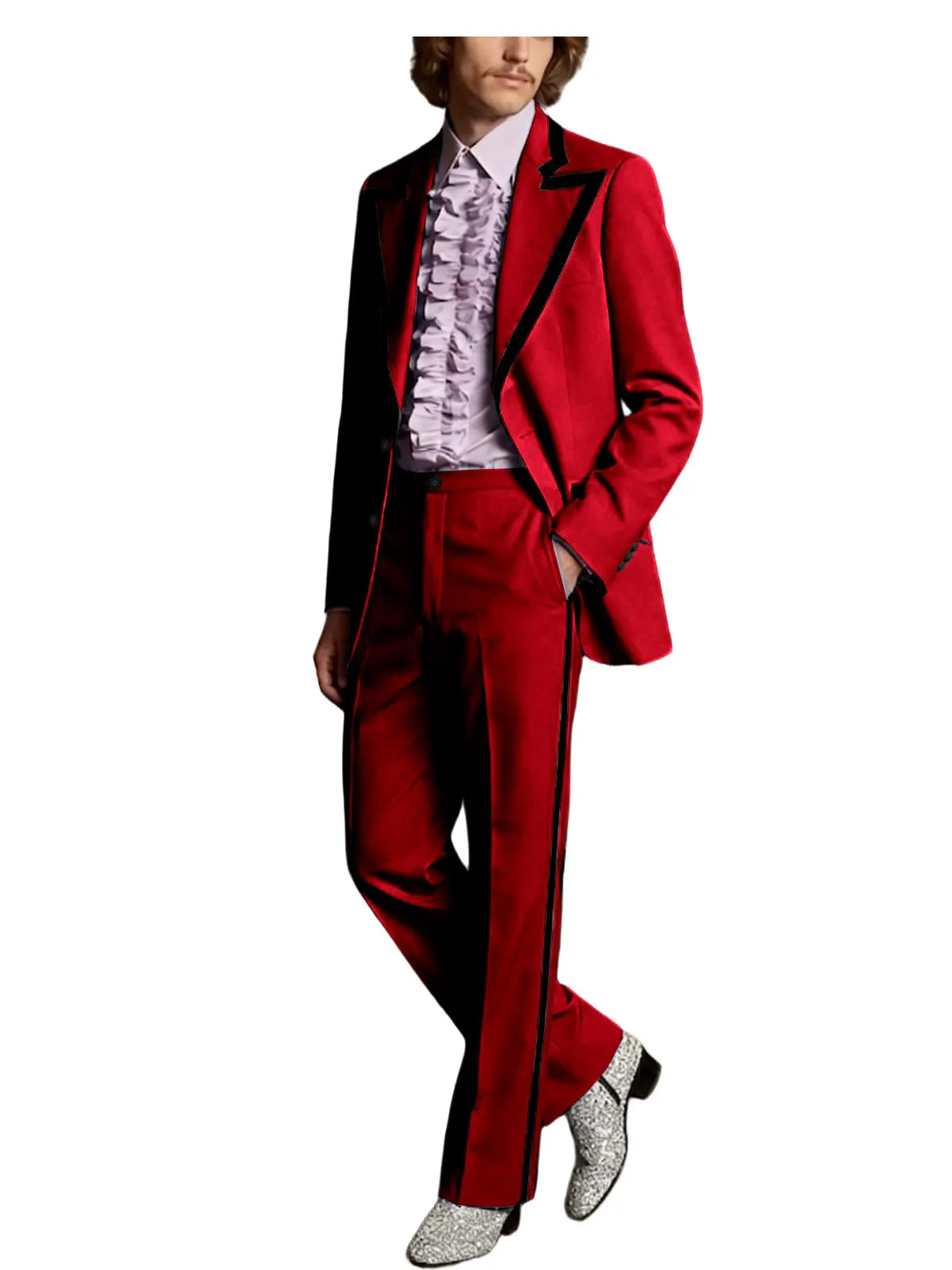 Men's Tuxedo Suit with Black Trim 2-Piece Slim Fit Blazer Pants Set Business Casual Jacket Straight Leg Trousers Formal Outfit