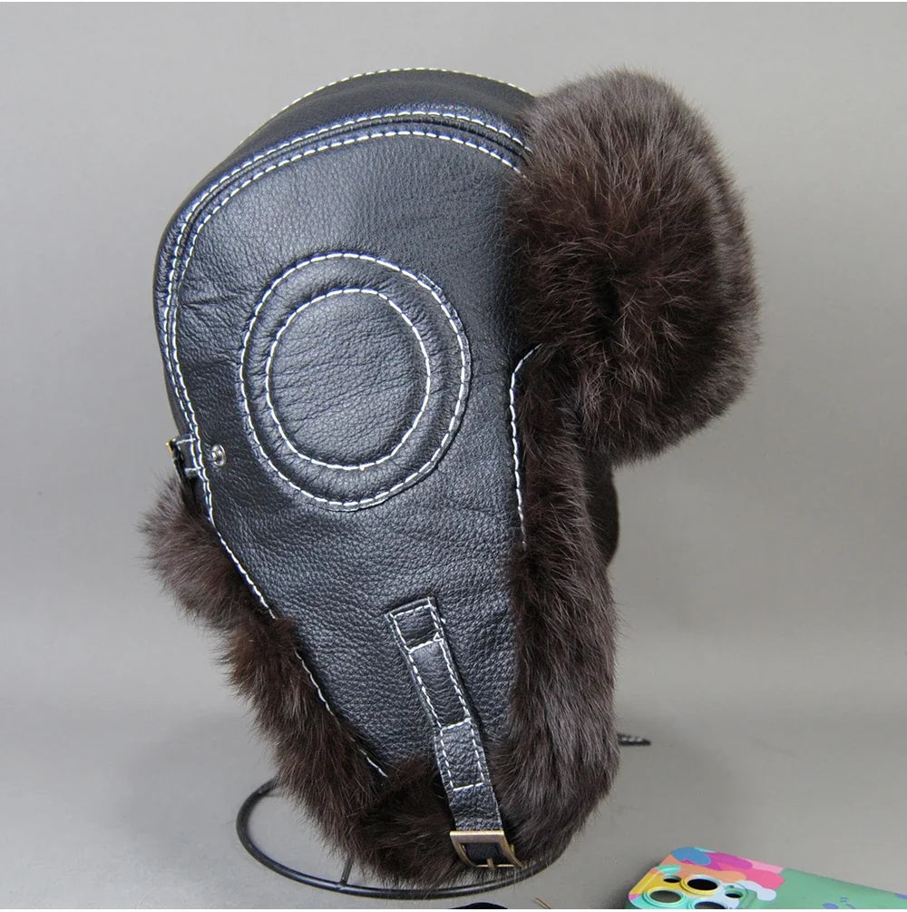 2026 Fashion Men's 100% Natural Rabbit Fur Bomber Hats Winter Russian Man Warm Real Sheepskin Leather Hat Male Real Fur Caps