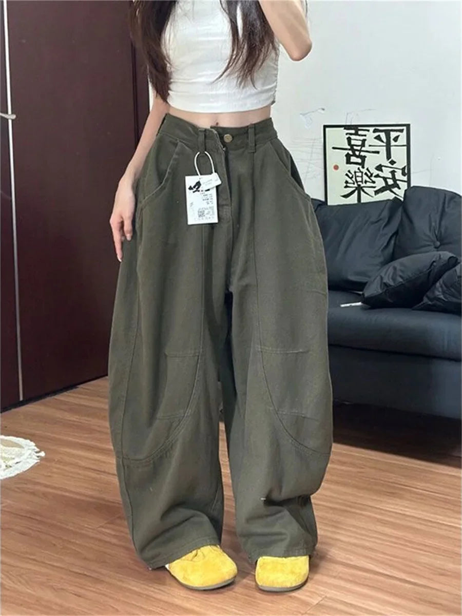 Baggye Jeans for Women Army Green High Waist Loose Vintage Y2k  Long Denim Pants Female Fashion Streetwear Washed Jeans