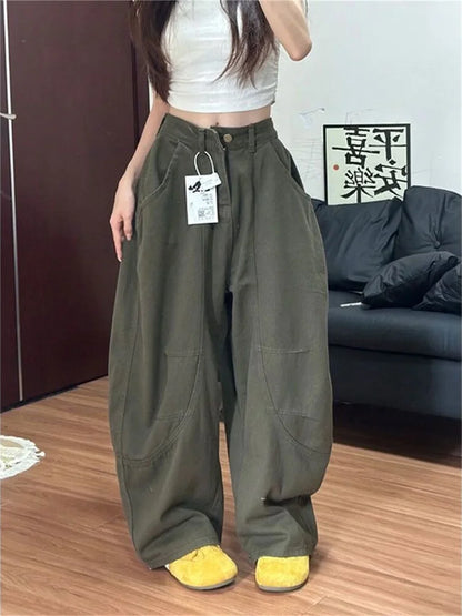 Baggye Jeans for Women Army Green High Waist Loose Vintage Y2k  Long Denim Pants Female Fashion Streetwear Washed Jeans