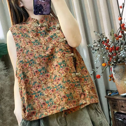 Summer Arts Style Women Sleeveless Single Breasted Loose Vest Vintage Floral Print Cotton Linen Vests Coats High Quality TY89