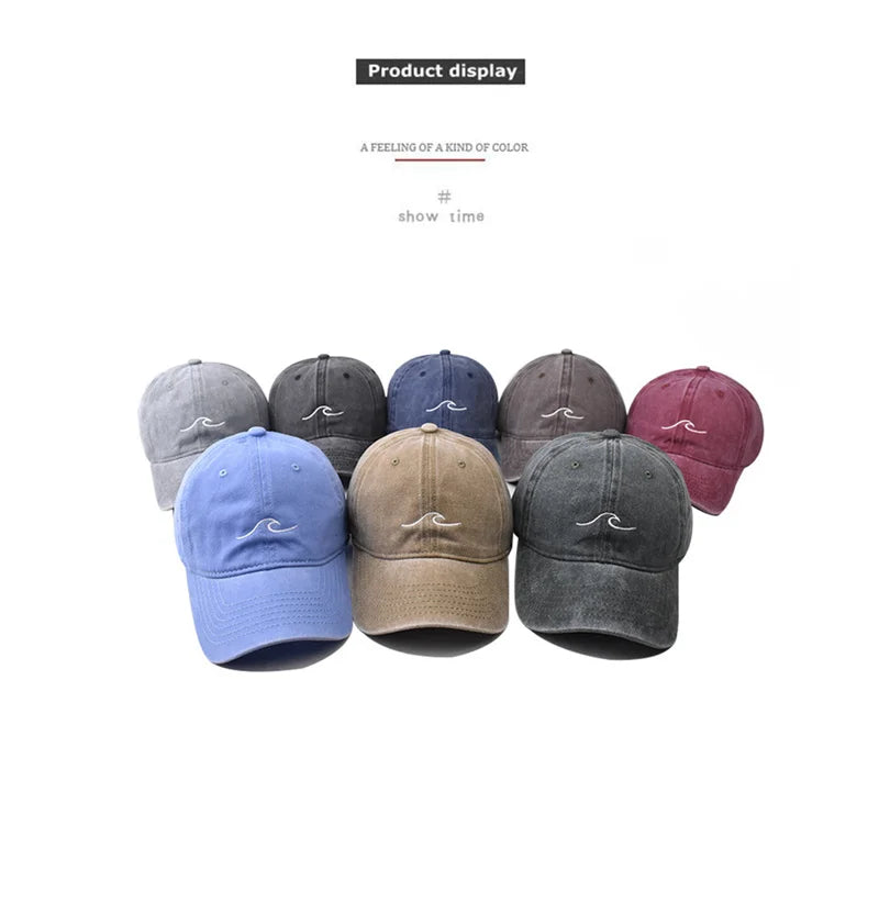 Washed Cotton Wave Embroidered Baseball Cap Unisex Adjustable Dad Hat Casual Retro Style Cap for Men Women Daily Street Wear