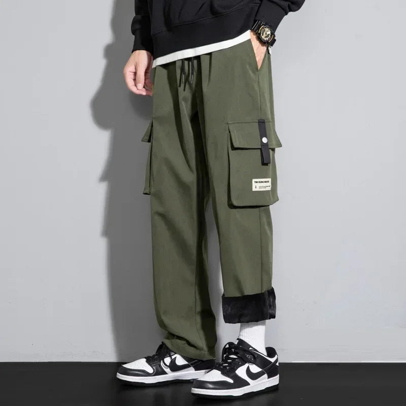 2026 Cargo Pants Men Straight Fit Wide Leg Fleece Lined Trouser Male Winter Fashion Loose Baggy Large Plus Size Warm Streetwear