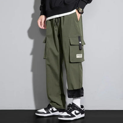 2026 Cargo Pants Men Straight Fit Wide Leg Fleece Lined Trouser Male Winter Fashion Loose Baggy Large Plus Size Warm Streetwear
