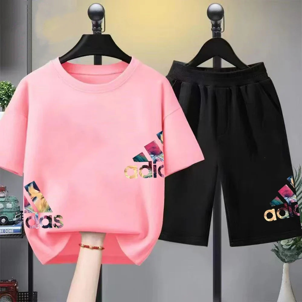 Summer Boys Girls Tee+Shorts Suit Children Short Sleeve T-Shirts Child Loose Casual Pink Black Fashion White Stamp Clothes