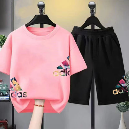 Summer Boys Girls Tee+Shorts Suit Children Short Sleeve T-Shirts Child Loose Casual Pink Black Fashion White Stamp Clothes