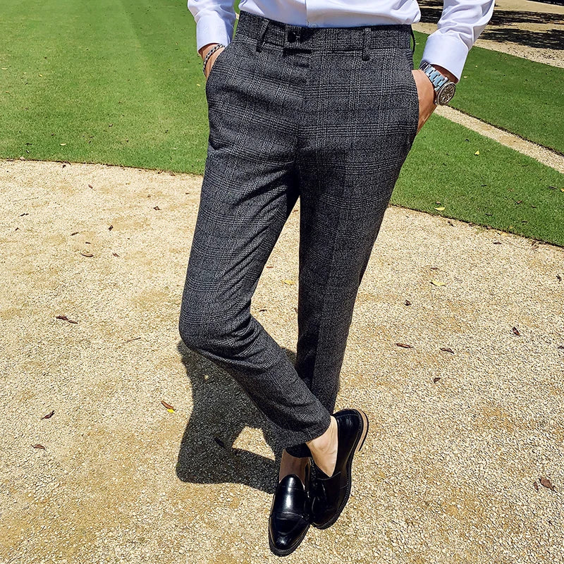 Coffee Brown Men Striped Plaid 3-Piece, Dark Blue Wedding Party Slim Fit Blazers Jacket and Vest with Pants, Asian Size M-5XL
