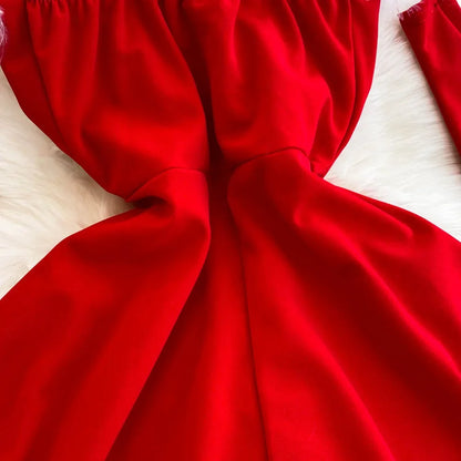 Women's Christmas Dress Sexy Low-cut Waist Thin Big Pendulum Fluffy Splicing Suspender Tube Ling Dress Red