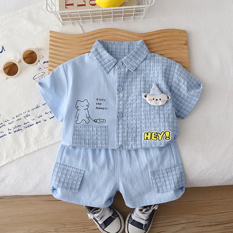 0-5Years New Baby Boys Girls Summer Clothes Sets Infant Kids Cartoon Splicing Plaid Shirt+ Shorts 2pcs/outfits Children Clothing