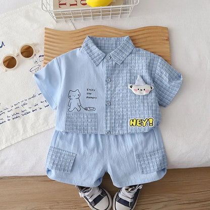 0-5Years New Baby Boys Girls Summer Clothes Sets Infant Kids Cartoon Splicing Plaid Shirt+ Shorts 2pcs/outfits Children Clothing
