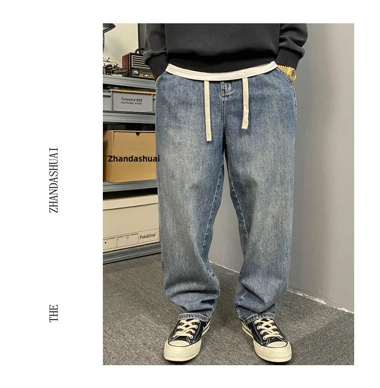 American Style Casual Faded Loose Straight Leg Jeans for Men Spring Autumn Wear Comfortable Wide Leg Pants Youth Fashion